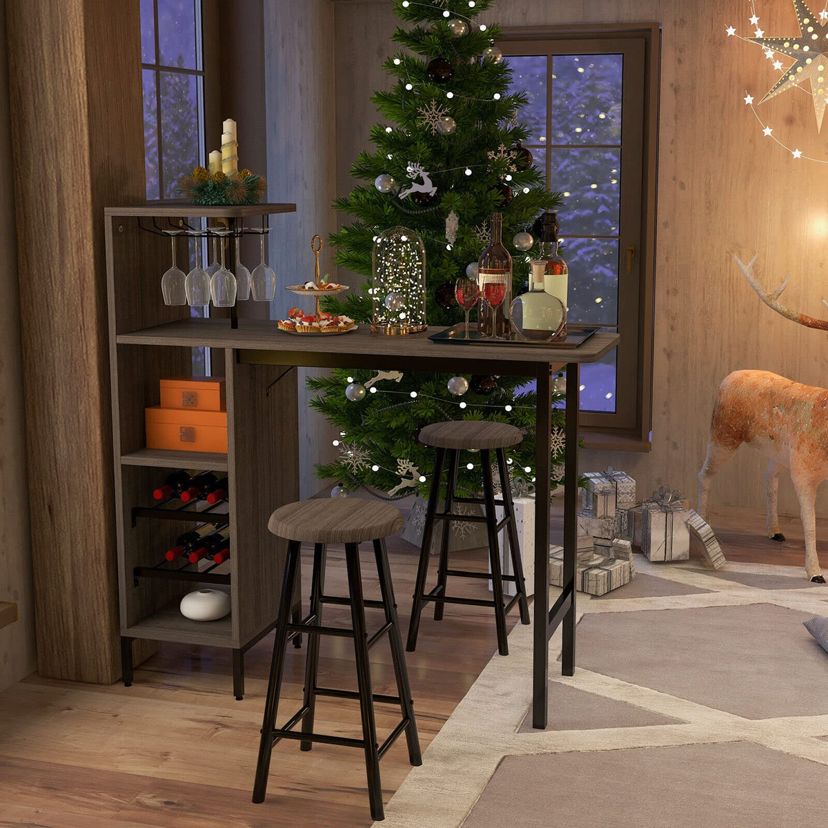 Giantex 3PCS Bar Table and Chair Set, Industrial Pub Table and Stools with Wine Glass Holders & 6-Bottle Wine Racks , Brown