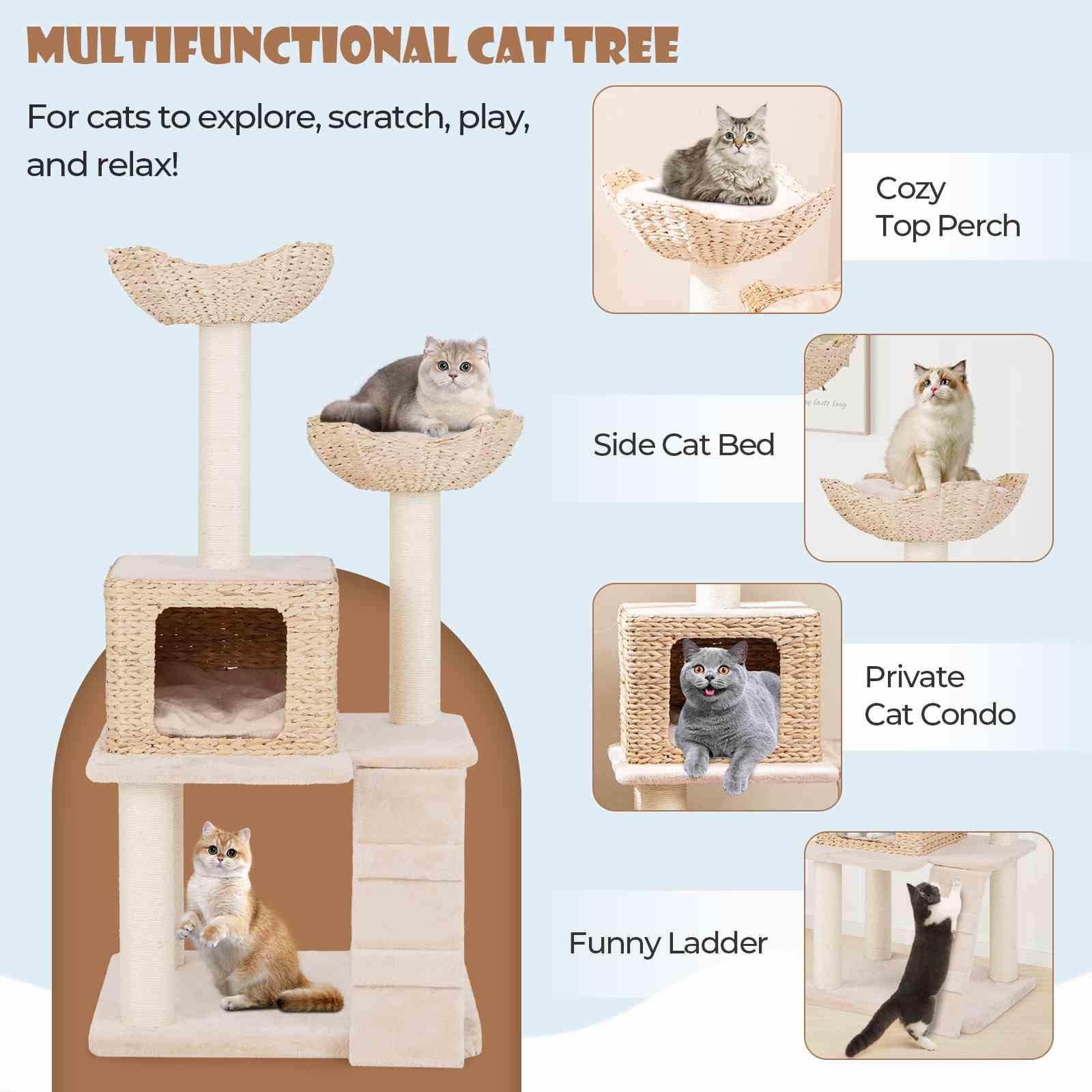 122cm Cattail Cat Tower w/Sisal Scratching Posts, Condo, Basket Bed