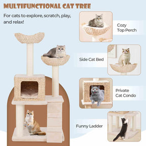 122cm Cattail Cat Tower w/Sisal Scratching Posts, Condo, Basket Bed