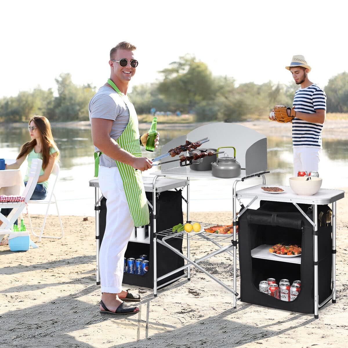 Portable Camping Kitchen Table, Aluminum Fold-Up Camping Kitchen with Windscreen