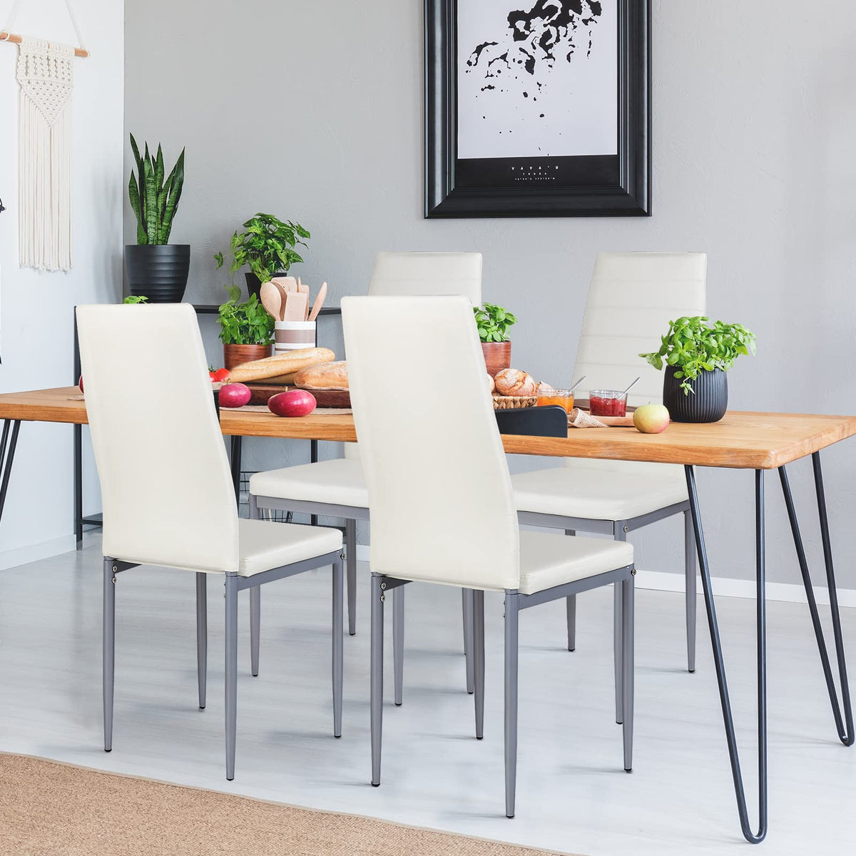 Giantex Set of 4 Dining Chairs with High Backrest, Kitchen Chair with Metal Legs, Leather Seat