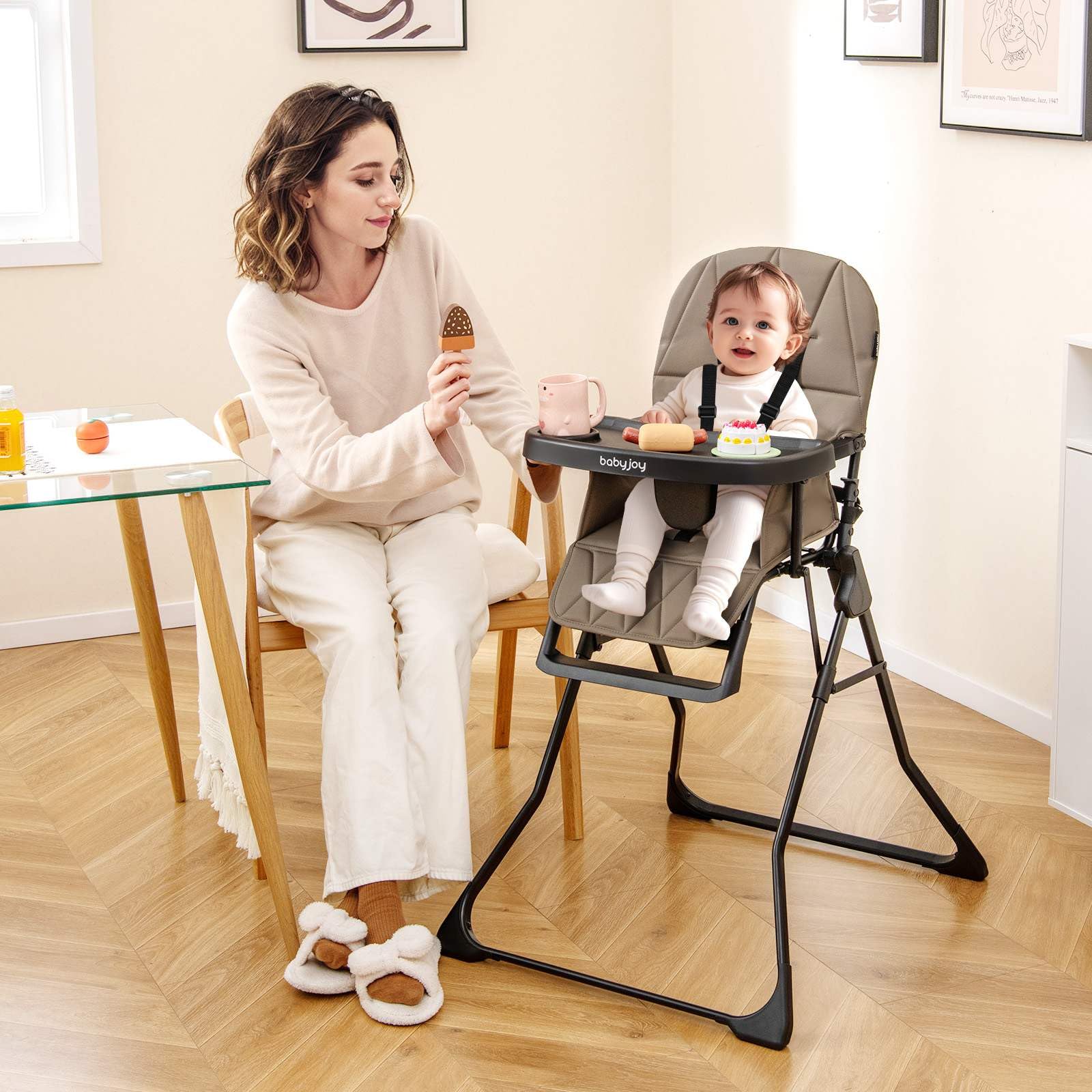 Foldable High Chair, Easy Clean Compact Highchair with Removable Adjustable Tray and PU Seat Cushion