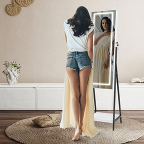 Giantex LED Standing Jewelry Mirror Cabinet, 160cm Lockable Jewelry Armoire Organizer with 3-Color Lighted Full-Length Mirror