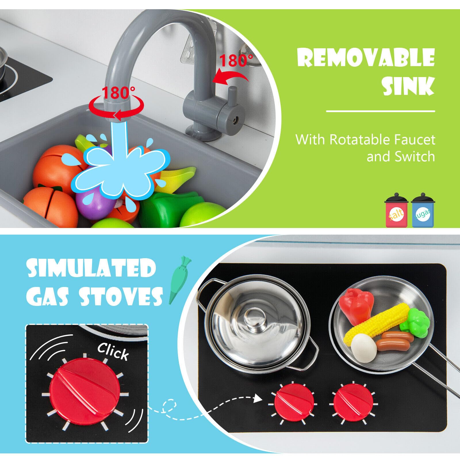 Kids Kitchen Playset, Wooden Pretend Play Kitchen w/Microwave, Range Hood