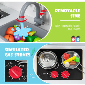 Kids Kitchen Playset, Wooden Pretend Play Kitchen w/Microwave, Range Hood
