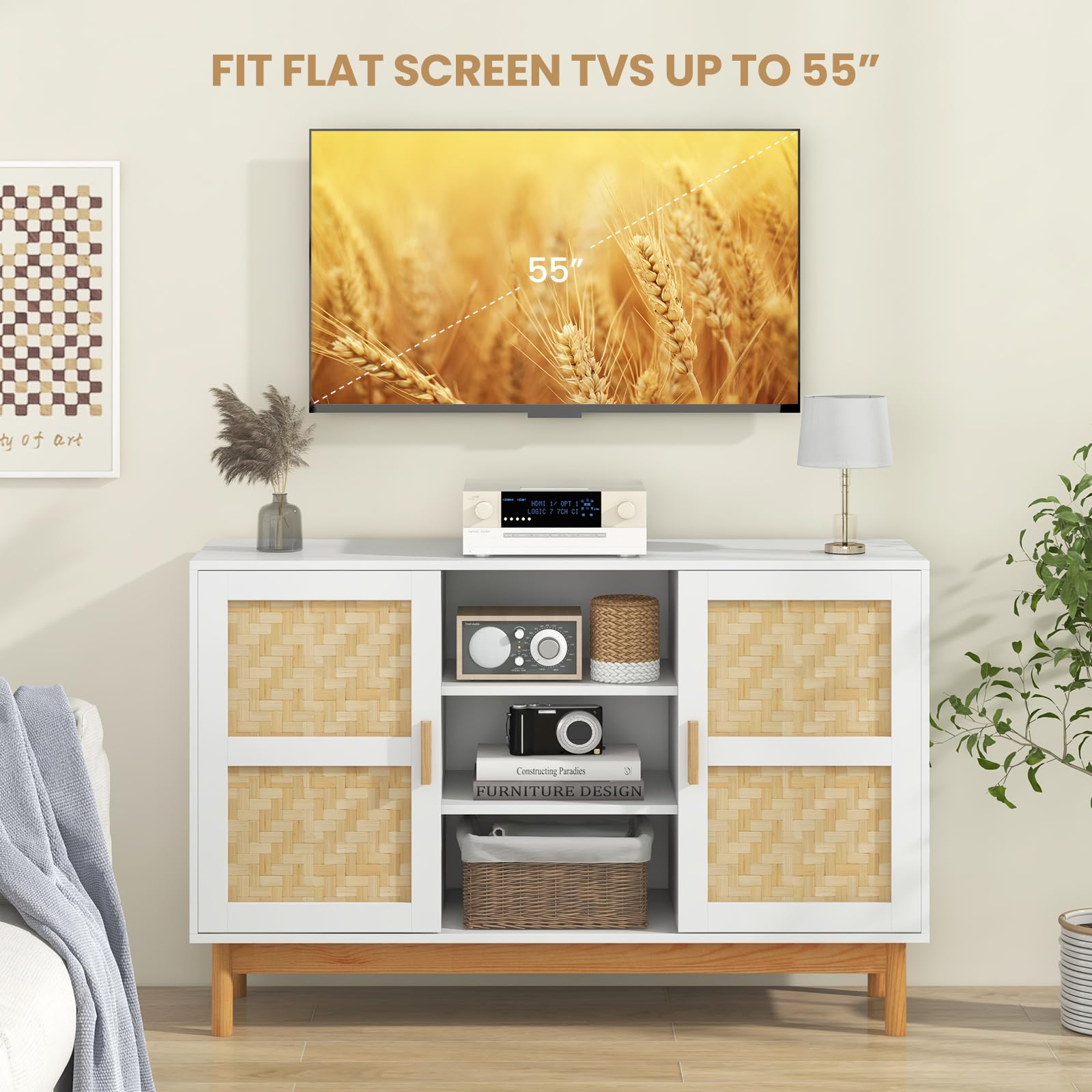 Giantex 120cm Sideboard Buffet Cabinet, Floor Storage Cabinet with 2 Bamboo Woven Doors
