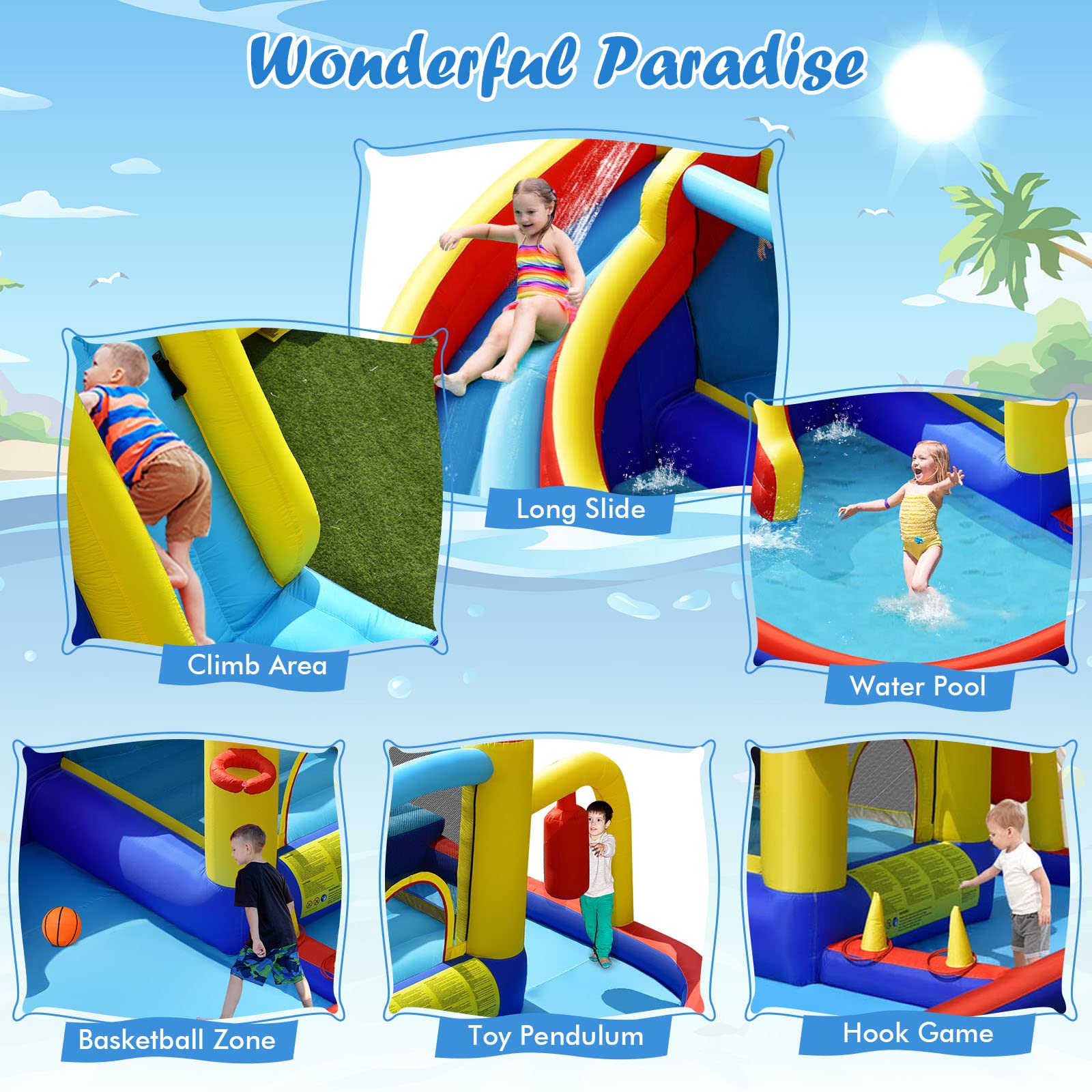 7-in-1 Inflatable Bounce Castle with Curved Water Slide (without Blower)