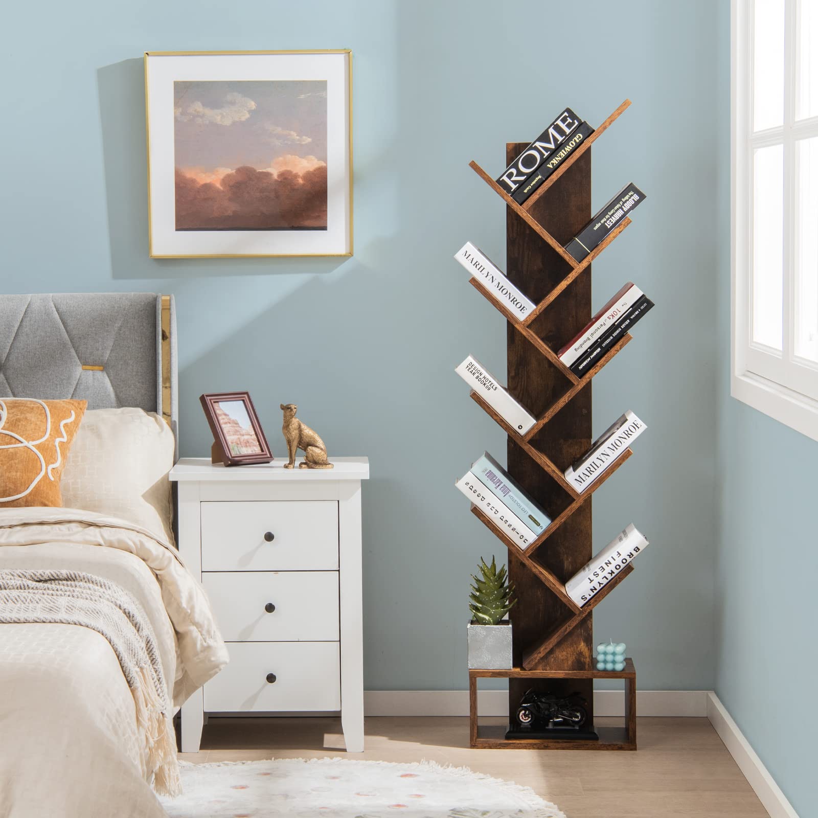 Giantex 10-Tier Tree Bookcase, Floor Standing Bookshelf w/Drawer for CDs/Movies/Books