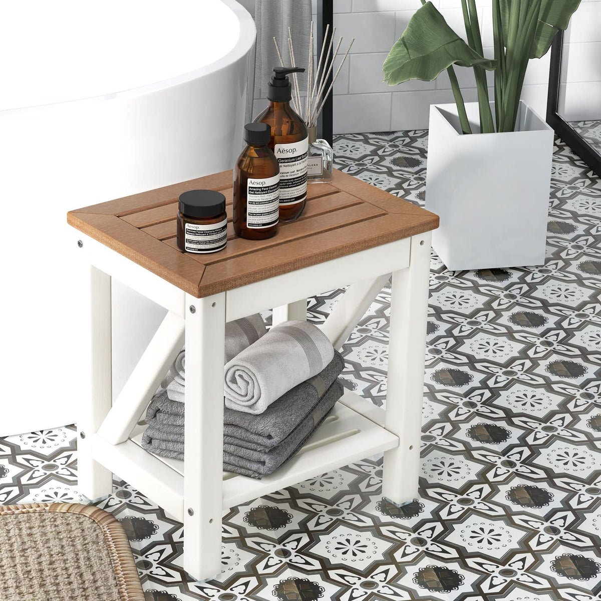 Waterproof Bathroom Shower Stool w/Bottom Storage Shelf & Non-Slip Foot Pads for Bath Spa & Shaving Legs