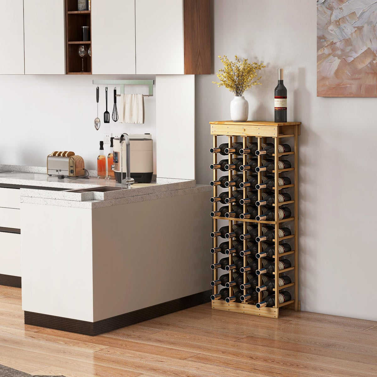 Giantex 40 Bottles Modular Wine Rack, Solid Wood Wine Bottle Holder with Anti-toppling Device