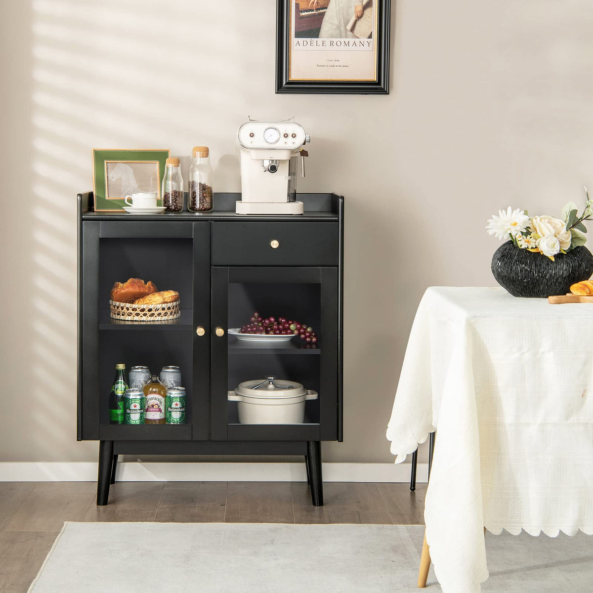 Giantex Mid-Century Modern Buffet Cabinet, Kitchen Sideboard with 2 Tempered Glass Doors & Pill-Out Drawer