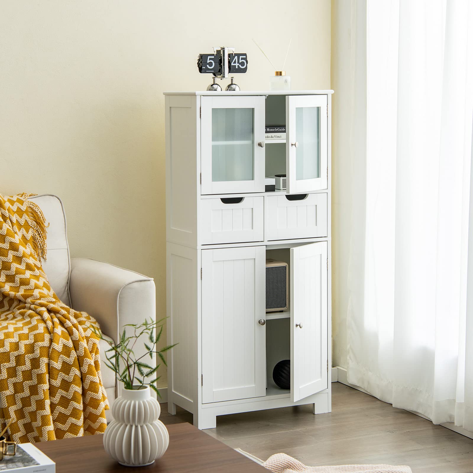Giantex Floor Storage Cabinet with 4 Doors, Freestanding Bathroom Cabinet with 2 Glass Doors, White