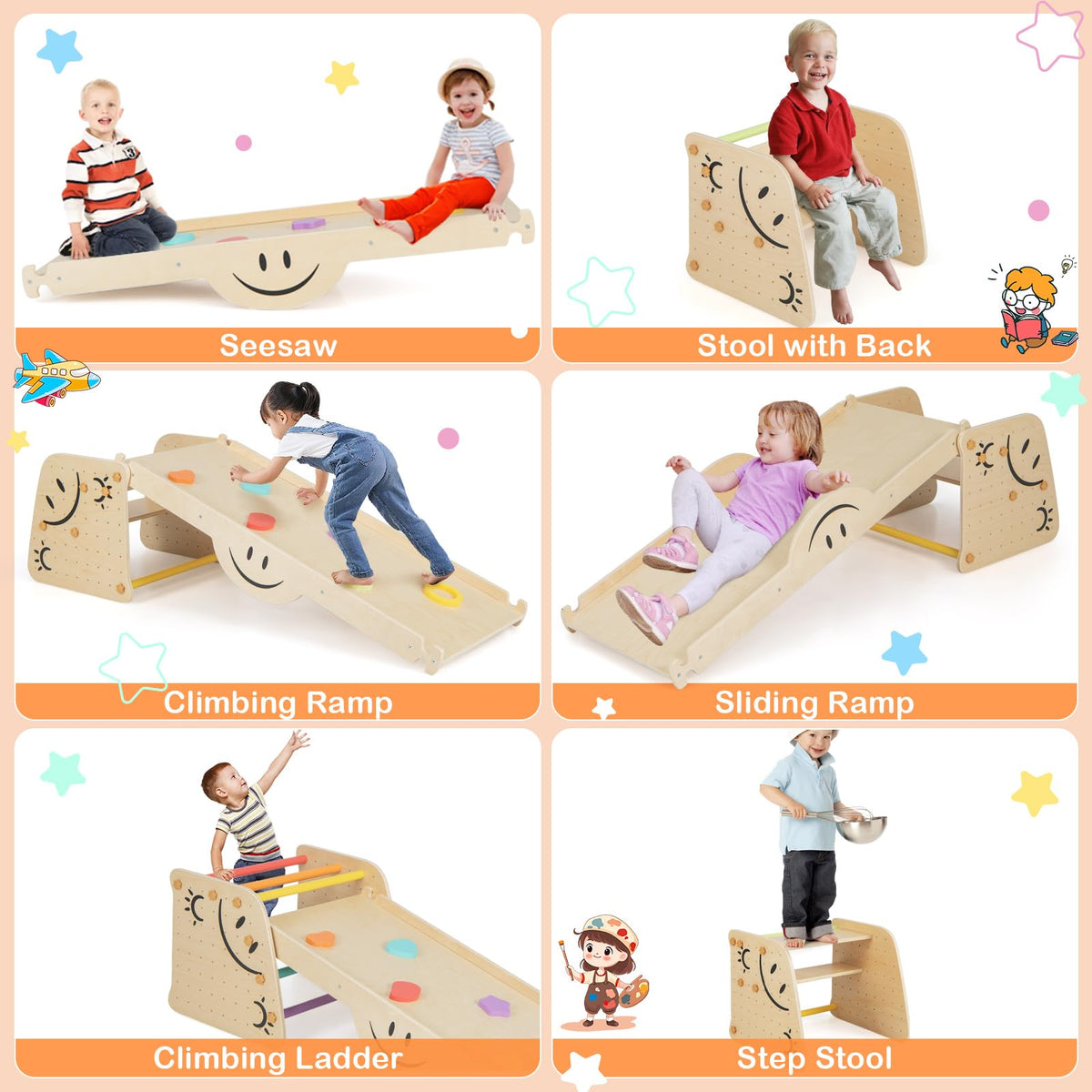 HONEY JOY Kids Wooden Climbing Toy, Triangle Climber Jungle Gym Set w/Seesaw, Dual-Sided Ramp