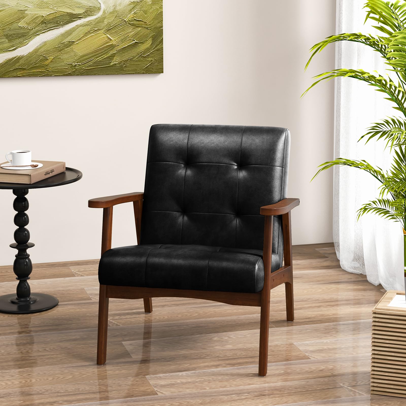 Giantex Mid Century Modern Accent Chair, Living Room Arm Chair with Solid Rubber Wood Frame