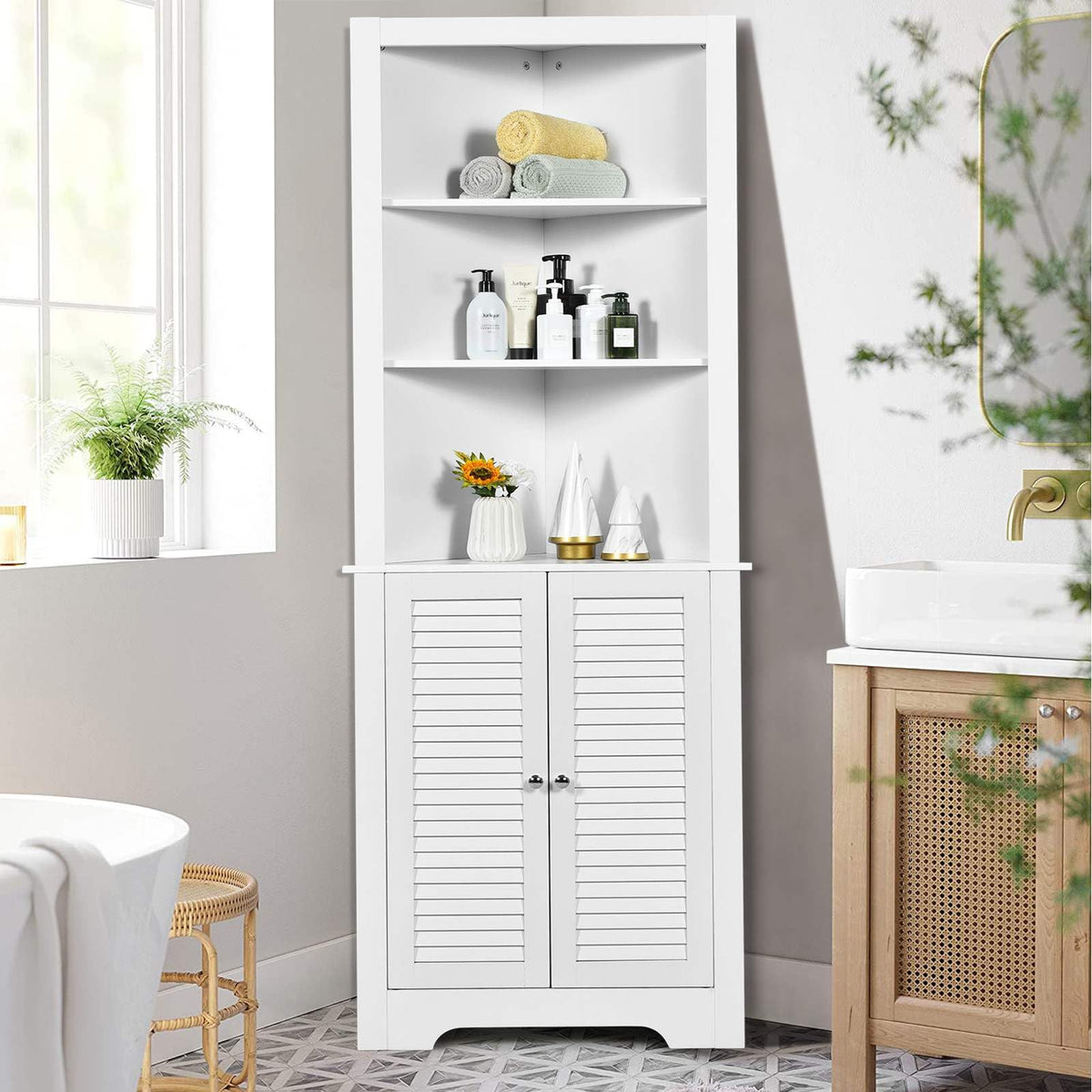 Bathroom Corner Tall Storage Cabinet w/ 3 Open Shelves Storage Organizer White