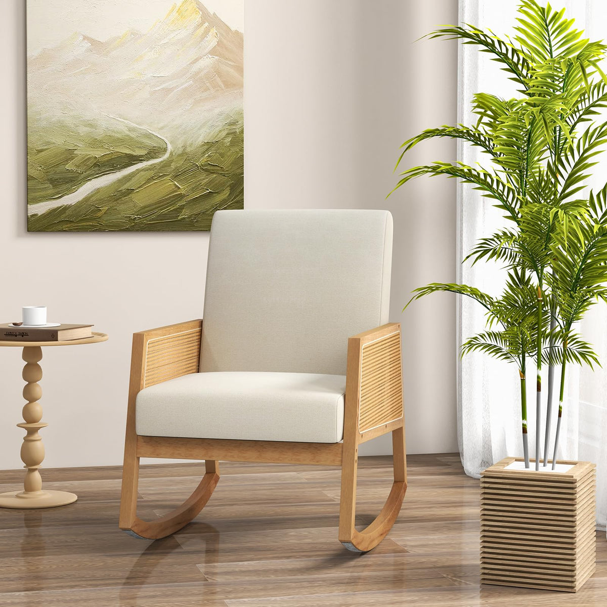 Giantex Rocking Chair with Rattan Armrests, Armchair with Upholstered Cushion & Wood Rattan Armrests