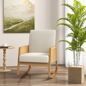 Giantex Rocking Chair with Rattan Armrests, Armchair with Upholstered Cushion & Wood Rattan Armrests