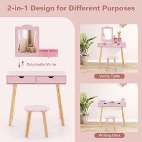 HONEY JOY Kids Vanity Set, Girls Vanity Set with Mirror and Stool, 2 Large Drawers, Storage Shelf