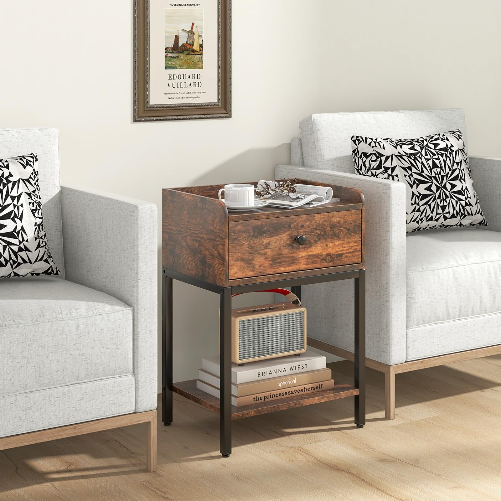 Giantex Bedside Table, Industrial Nightstand Sofa Side Table with Drawer and Open Storage Shelf