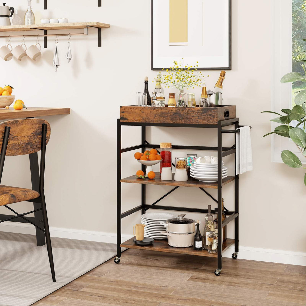 3-Tier Bar Cart, Industrial Serving Cart with Detachable Tray, 4 Lockable Casters & 1 Handy Handle
