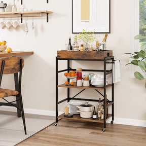 3-Tier Bar Cart, Industrial Serving Cart with Detachable Tray, 4 Lockable Casters & 1 Handy Handle