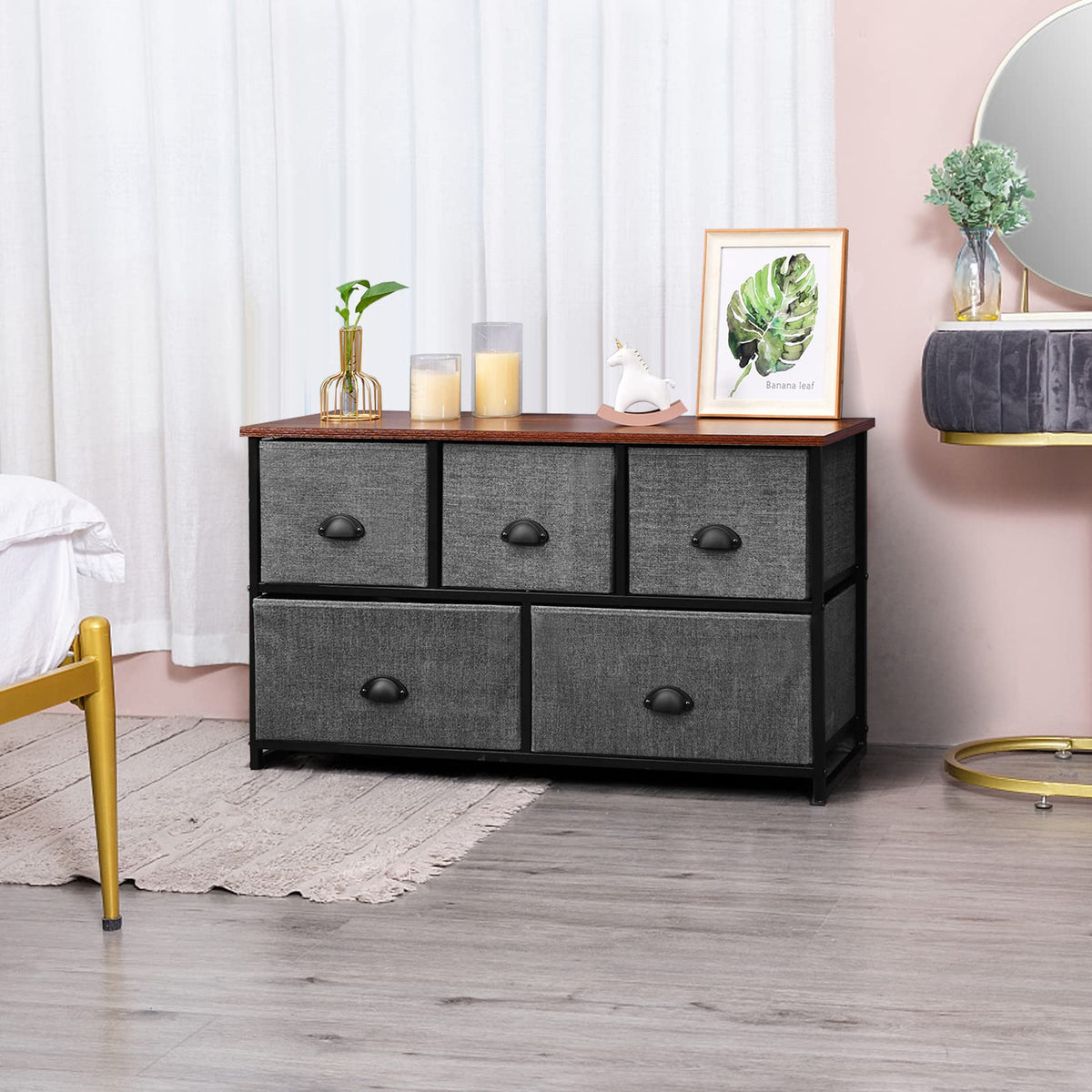 Giantex Chest of 5 Drawers, Cube Storage Organizer Unit, Dresser Unit w/Easy Pull Removable Fabric Bins