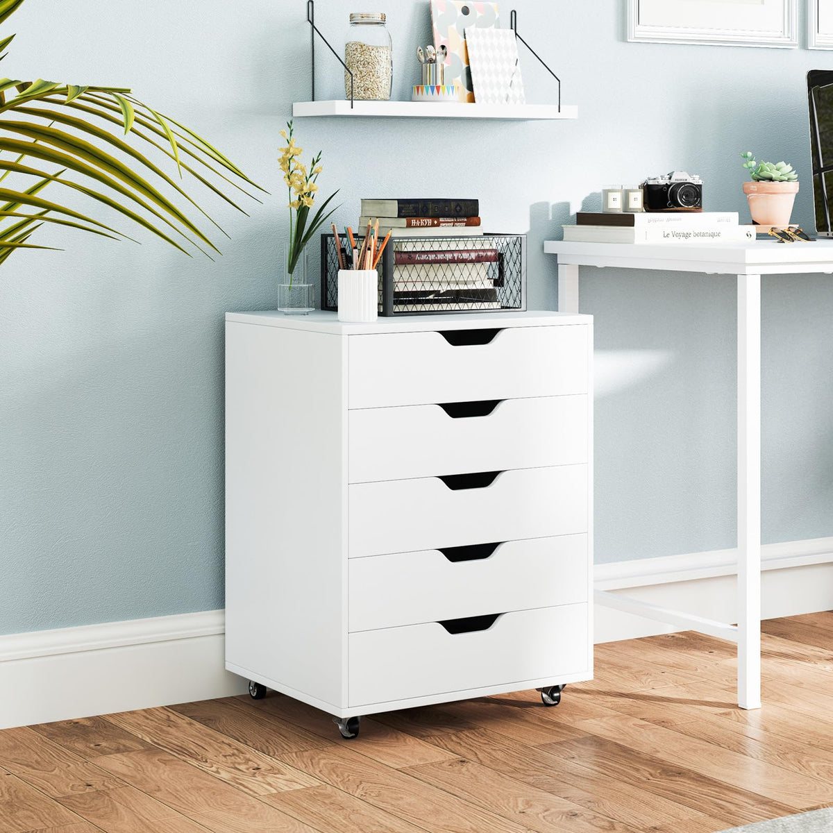 5-Drawer Chest of Drawers, Wooden Dresser Chest, Mobile Lateral Filing Cabinet with Wheels