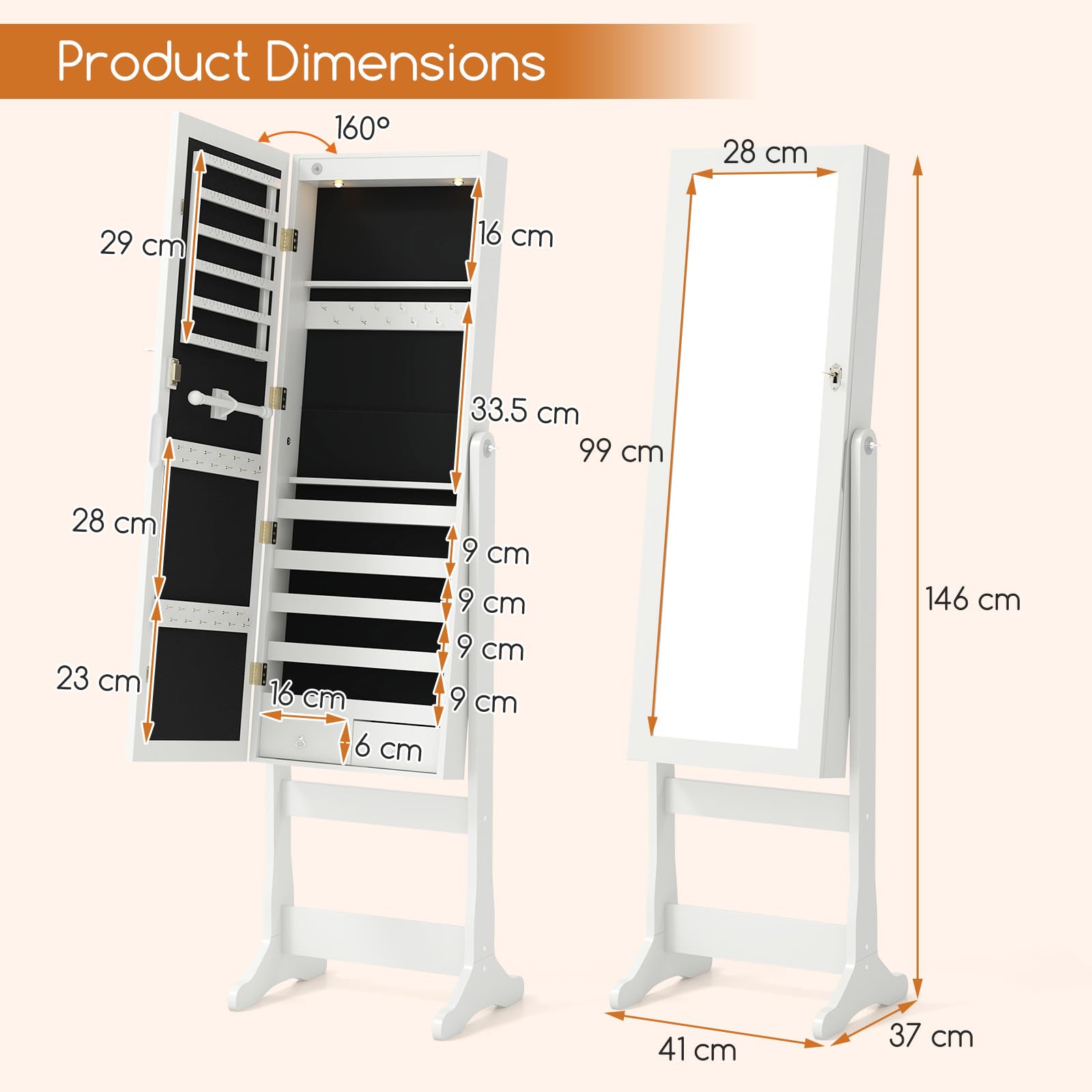 Giantex Freestanding Jewelry Cabinet, Lockable Jewelry Armoire w/Full-Length Mirror & LED Lights
