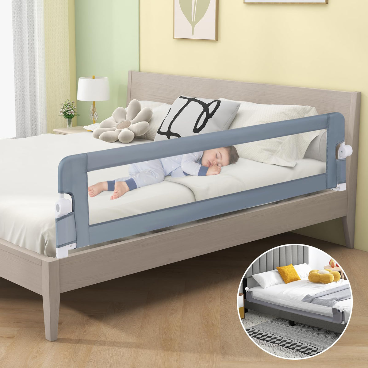 180 x 42 cm Swing Down Baby Bed Guard Rail w/Adjustable Safety Strap Foldable Bed Rail for Toddlers