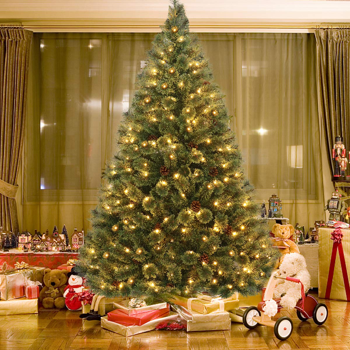 1.8M Artificial Christmas Tree, Pre-Lit Hinged Pine Tree w/ 484 Tips, 260 Warm LED Lights
