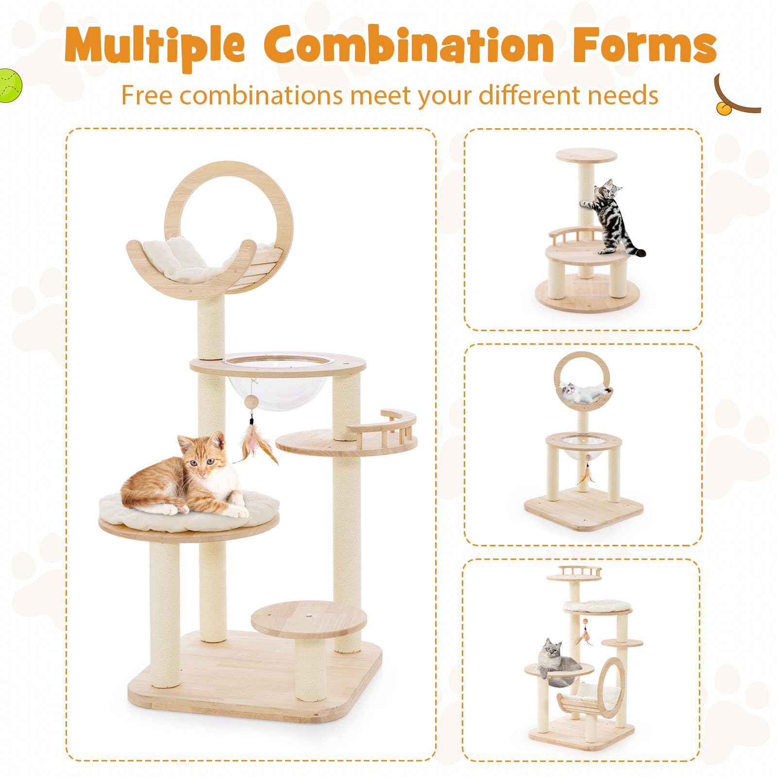 Building Block Cat Tree, 4-in-1 Large Wooden Cat Tower with Space Capsule Nest