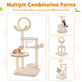 Building Block Cat Tree, 4-in-1 Large Wooden Cat Tower with Space Capsule Nest