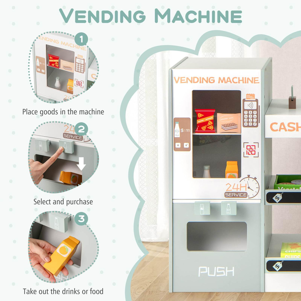 Kids Grocery Store Playset, Wooden Pretend Play Supermarket w/Vending Machine