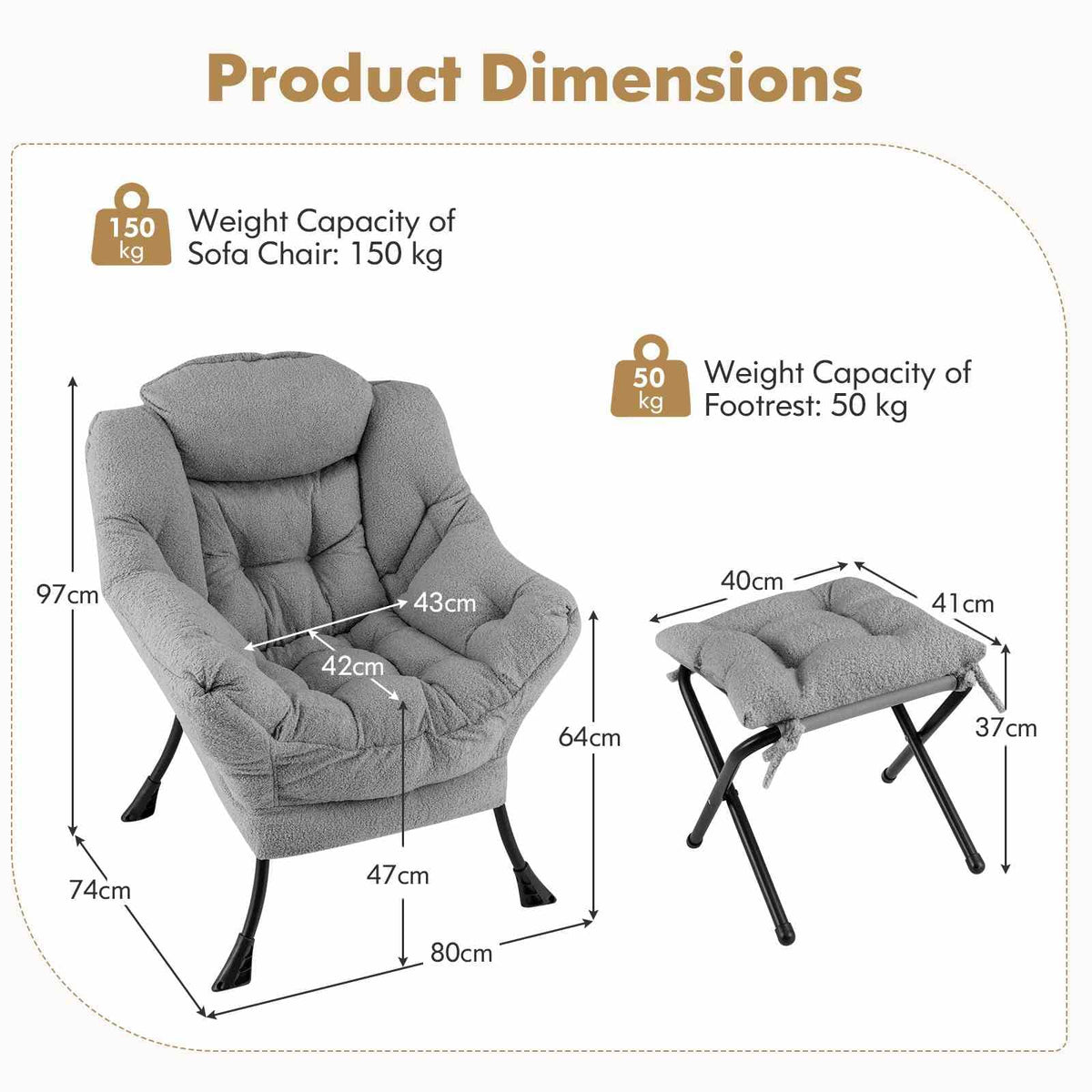 Lazy Chair with Ottoman, Modern Accent Chair with Folding Footrest, Head Pillow, Armrests, Storage Pocket