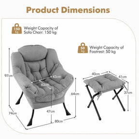 Lazy Chair with Ottoman, Modern Accent Chair with Folding Footrest, Head Pillow, Armrests, Storage Pocket
