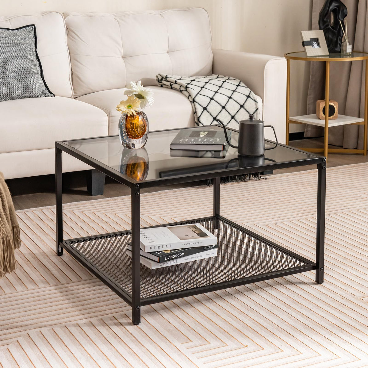 Giantex Glass Coffee Table with Storage, 70cm Modern 2-Tier Square Coffee Table with Mesh Shelf