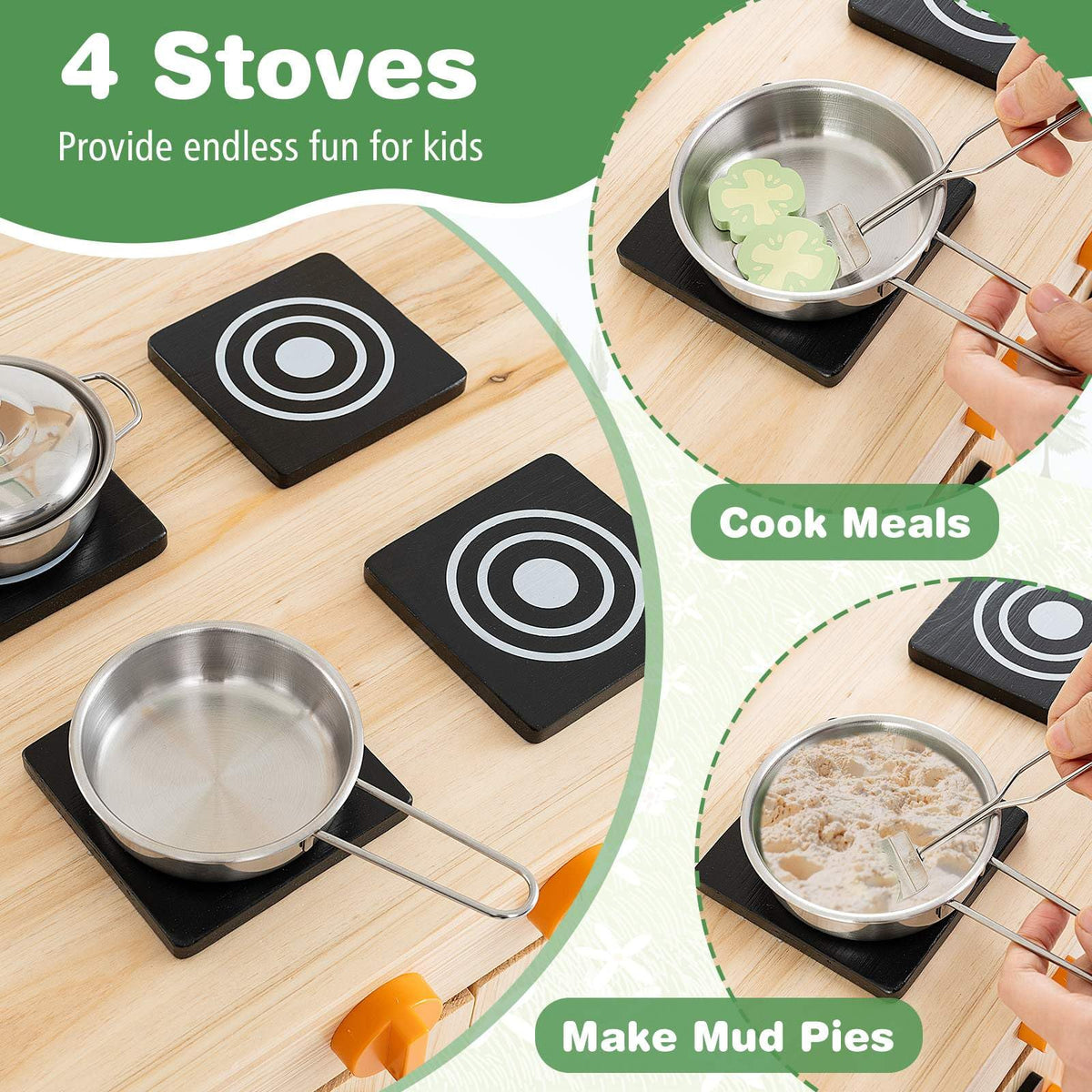 Kids Mud Kitchen with Canopy, Outdoor Wooden Pretend Play Kitchen w/ 4 Stoves, Sink, Faucet, Black Boards & Accessories