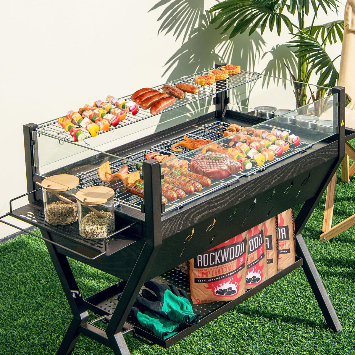 Barbecue Charcoal Grills, Stainless Steel Camping Grill w/Wind Guard