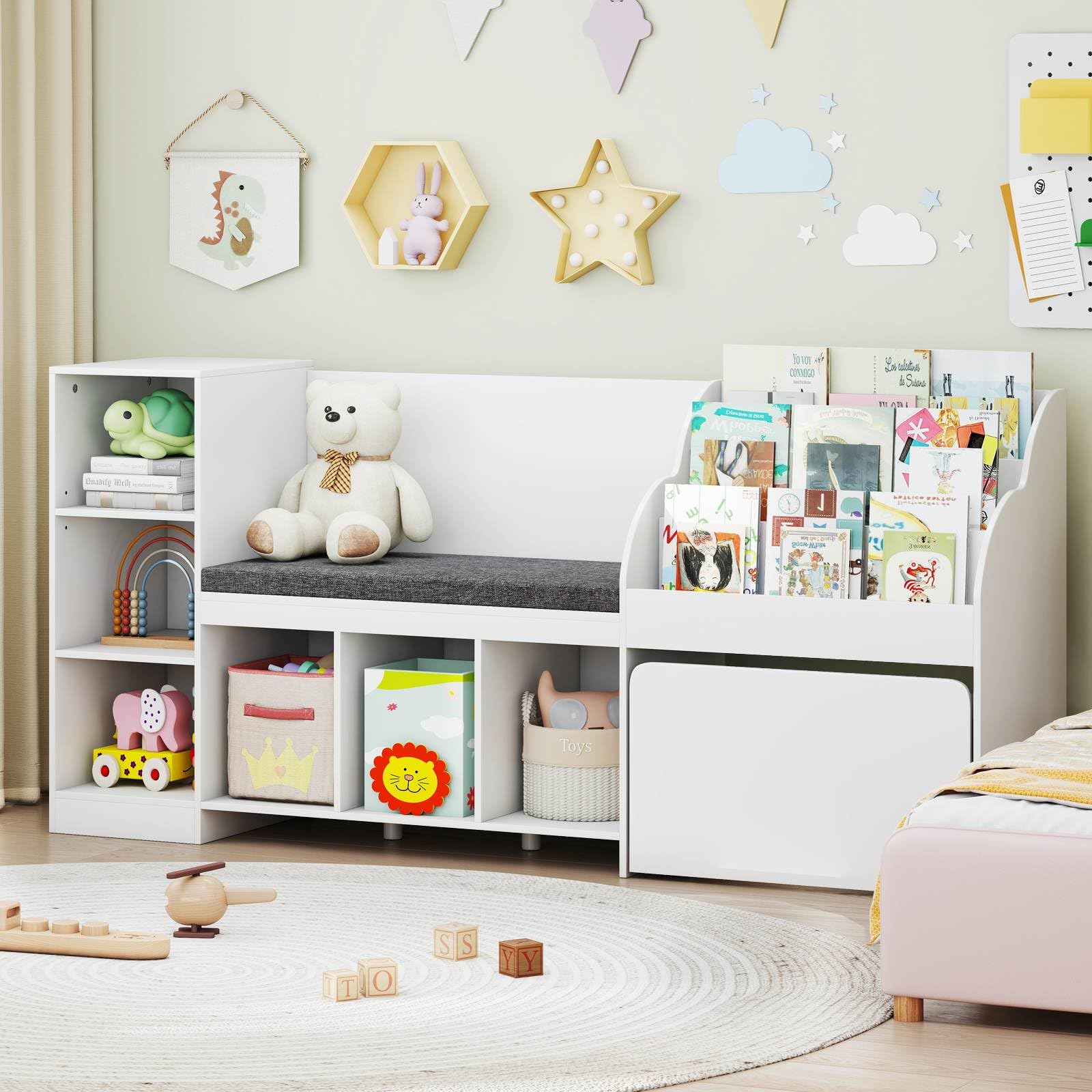 HONEY JOY Kids Bookcase Reading Nook, 4-in-1 Standing Toy Organiser