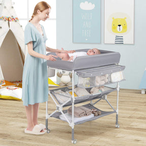 BABY JOY Portable Baby Changing Table w/ Wheels, Foldable Waterproof Diaper Changing Station w/ Adjustable Height