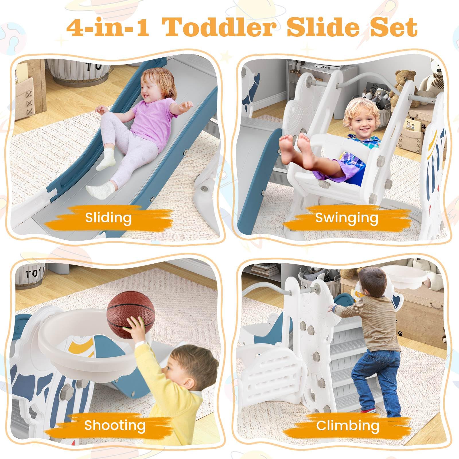 HONEY JOY Toddler Slide and Swing Set, 4-in-1 Indoor Playground