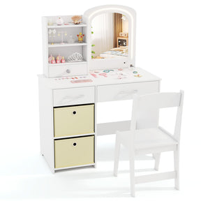 HONEY JOY Kids Vanity Set with 2 Color Lighted Mirror, Princess Makeup Desk and Chair Set with Mirror and Lights