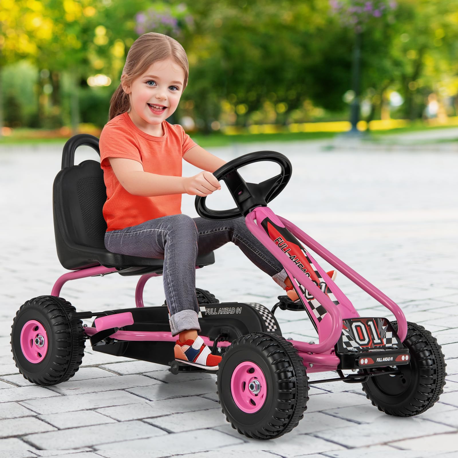 HONEY JOY Pedal Go Kart for Kids, 4 Wheel Pedal Powered Ride On