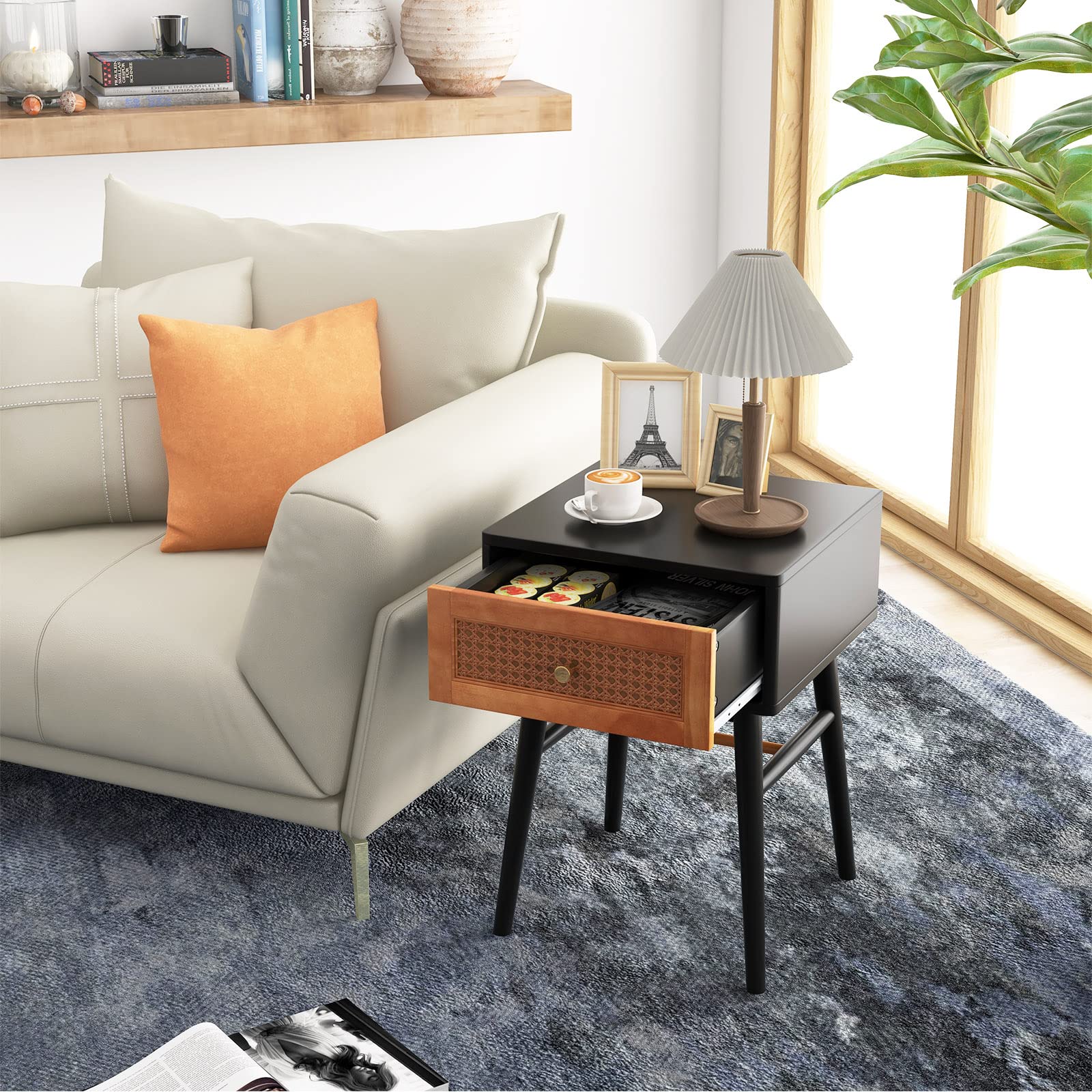 Giantex Rattan Nightstand, Boho Accent End Table with Storage Drawer