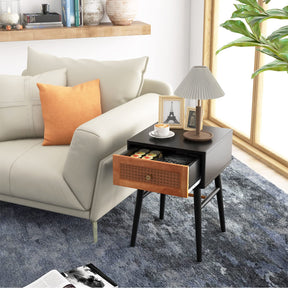 Giantex Rattan Nightstand, Boho Accent End Table with Storage Drawer