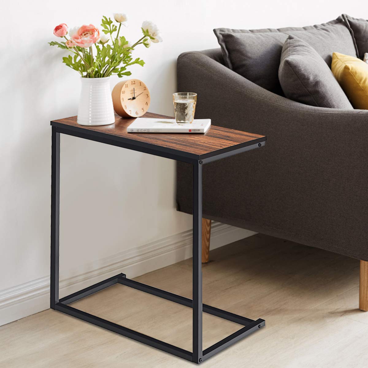 Snack Side Table, C-Shaped End Table for Sofa Couch, Bed, Wood Look Finish and Steel Frame, Space-Saving for Small Spaces