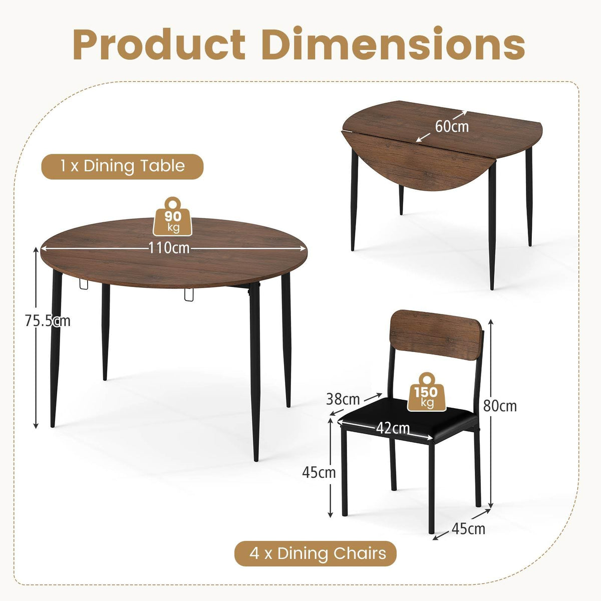5-Piece Dining Table Set for 4 People, Extendable Round Kitchen Table w/Drop Leaf Tabletop