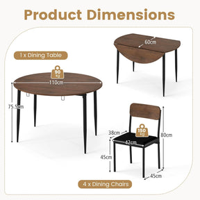 5-Piece Dining Table Set for 4 People, Extendable Round Kitchen Table w/Drop Leaf Tabletop
