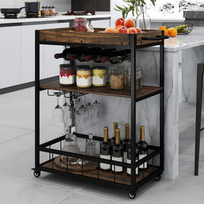 Rolling Bar Cart, Kitchen Serving Cart w/Removable Tray, Wine Rack and Glass Holder