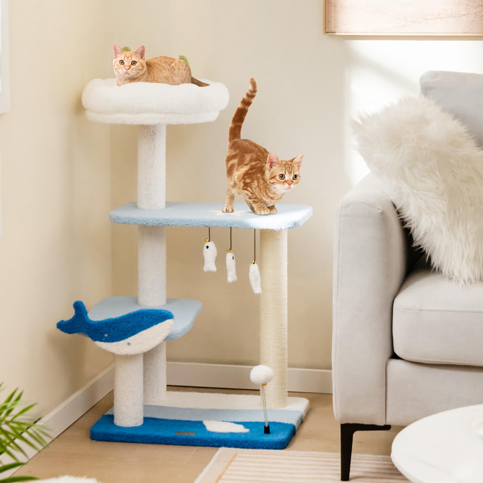 Ocean-Themed Cat Tree, 3-Level Cat Tower w/Sisal Covered Scratching Posts